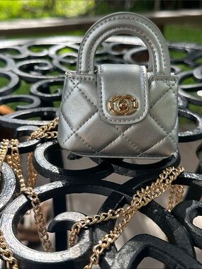 Metallic Silver Quilted Mini Top-Handle Crossbody Bag